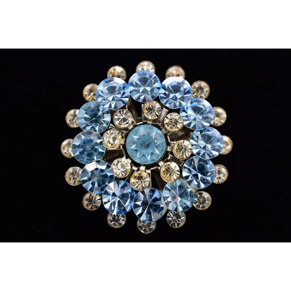 Vintage Sky Blue Rhinestone Starburst Brooch Crystal Silver Floral Pin 50s BinBI